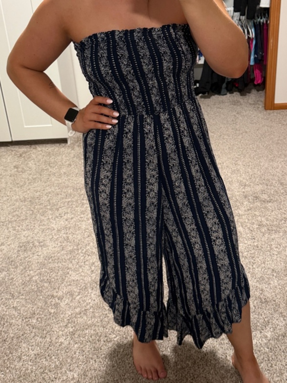 Angie Navy Blue Strapless Patterned Jumpsuit